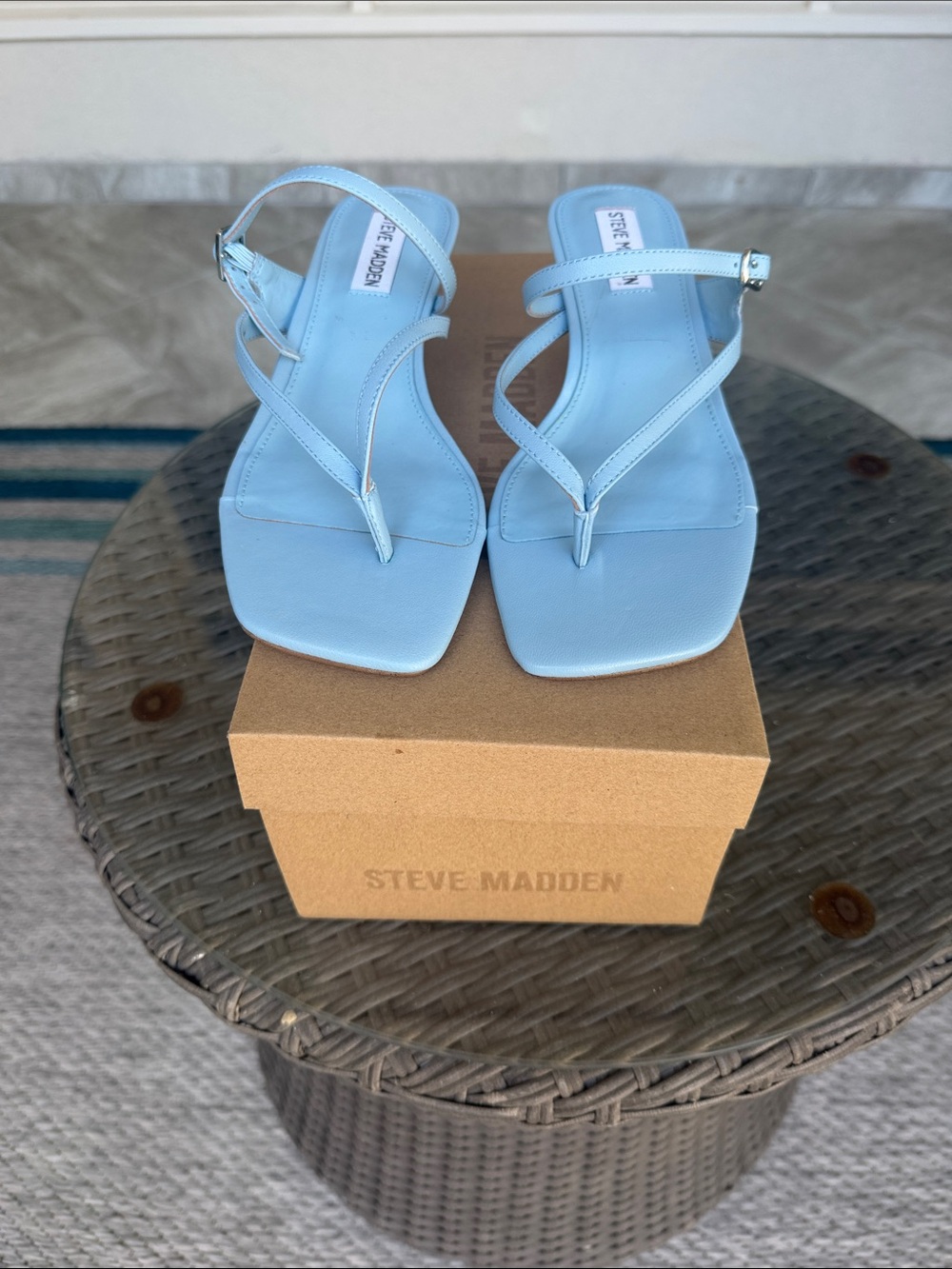 Steve Madden Baby Blue Strappy Square-Toe Sandals with kitten heels